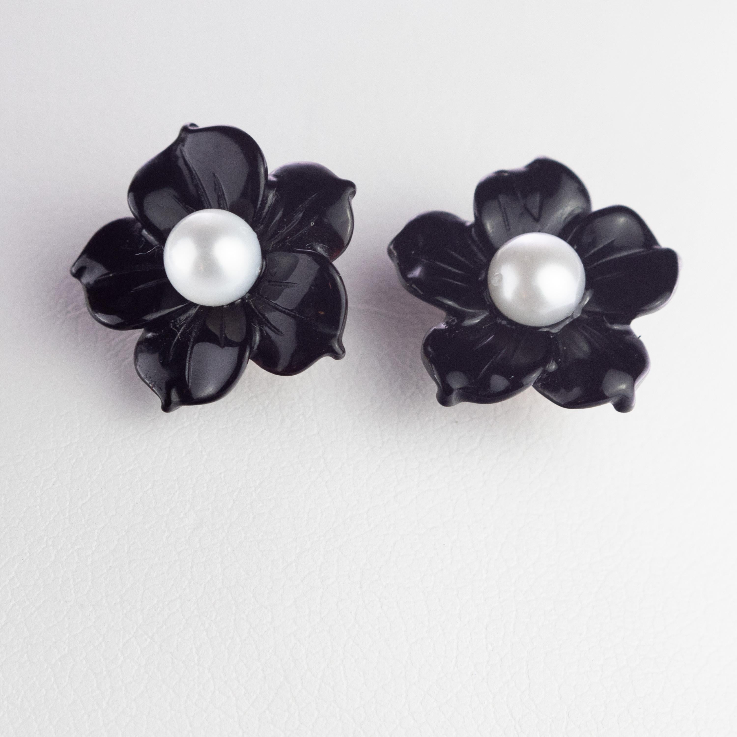 Mixed Cut Flower Filled Gold Black Agate Freshwater Pearl Stud Handmade Italian Earrings For Sale