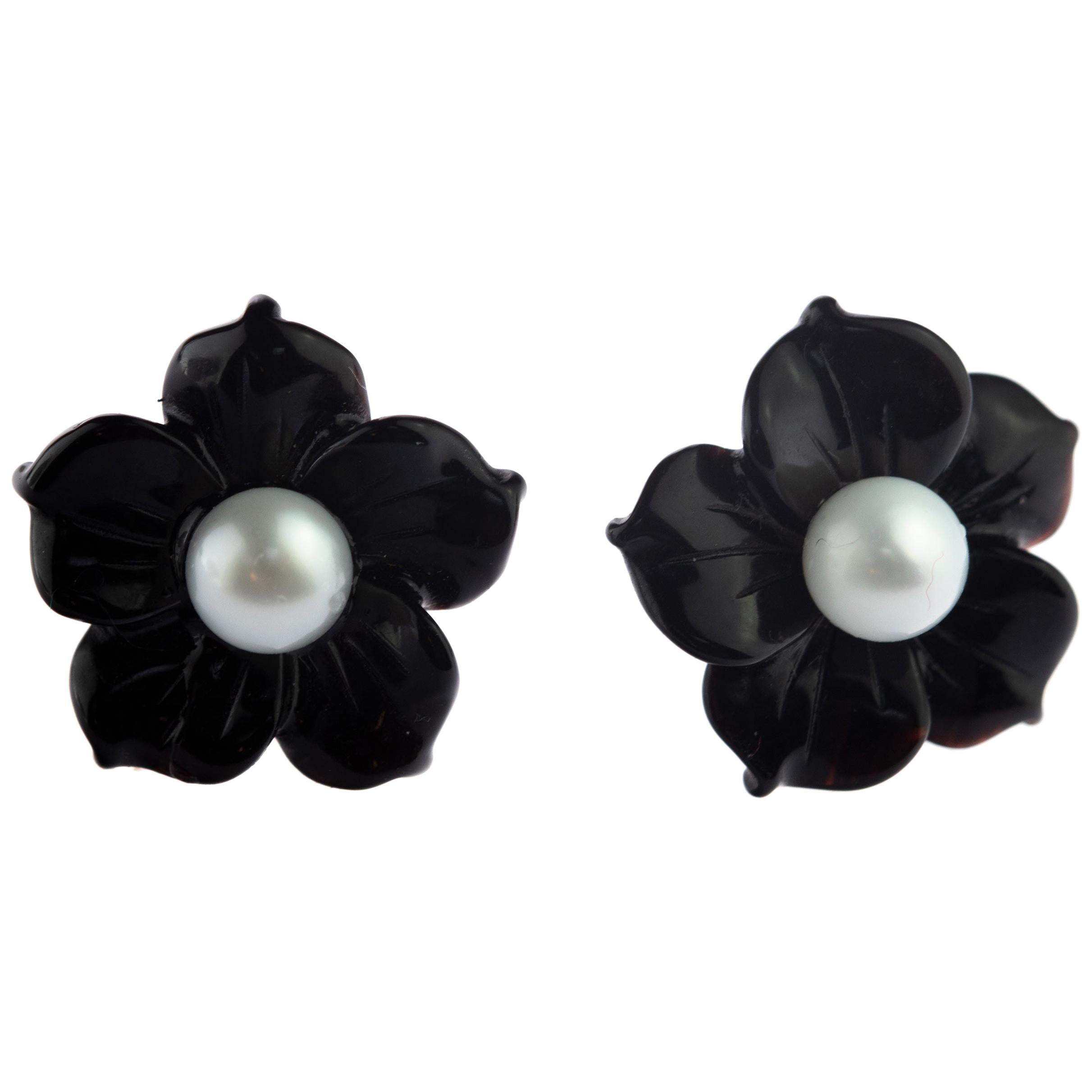 Flower Filled Gold Black Agate Freshwater Pearl Stud Handmade Italian Earrings For Sale