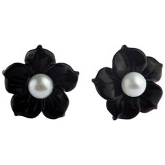 Flower Filled Gold Black Agate Freshwater Pearl Stud Handmade Italian Earrings