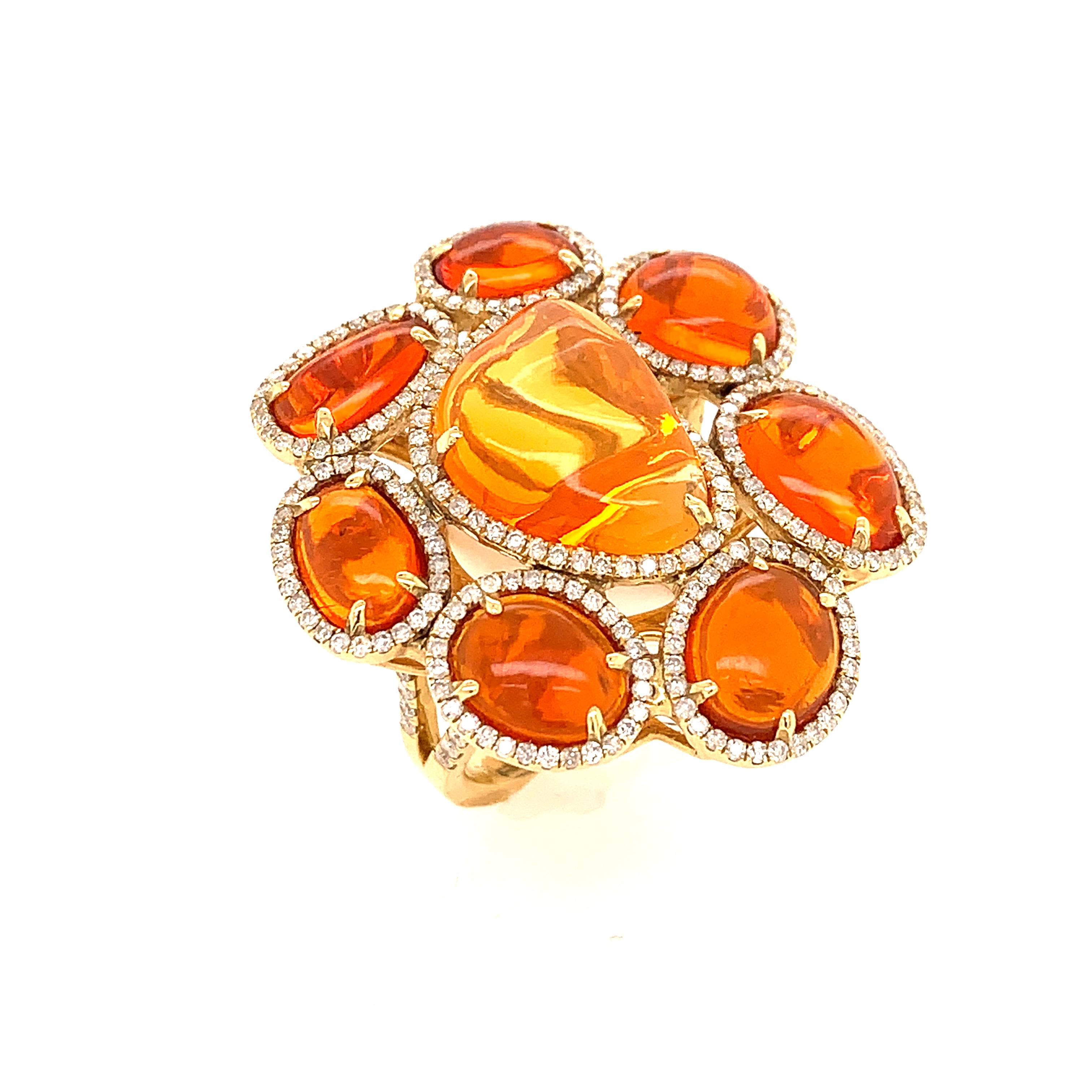 Round Cut Flower Fire Opal and Diamond Cocktail Ring