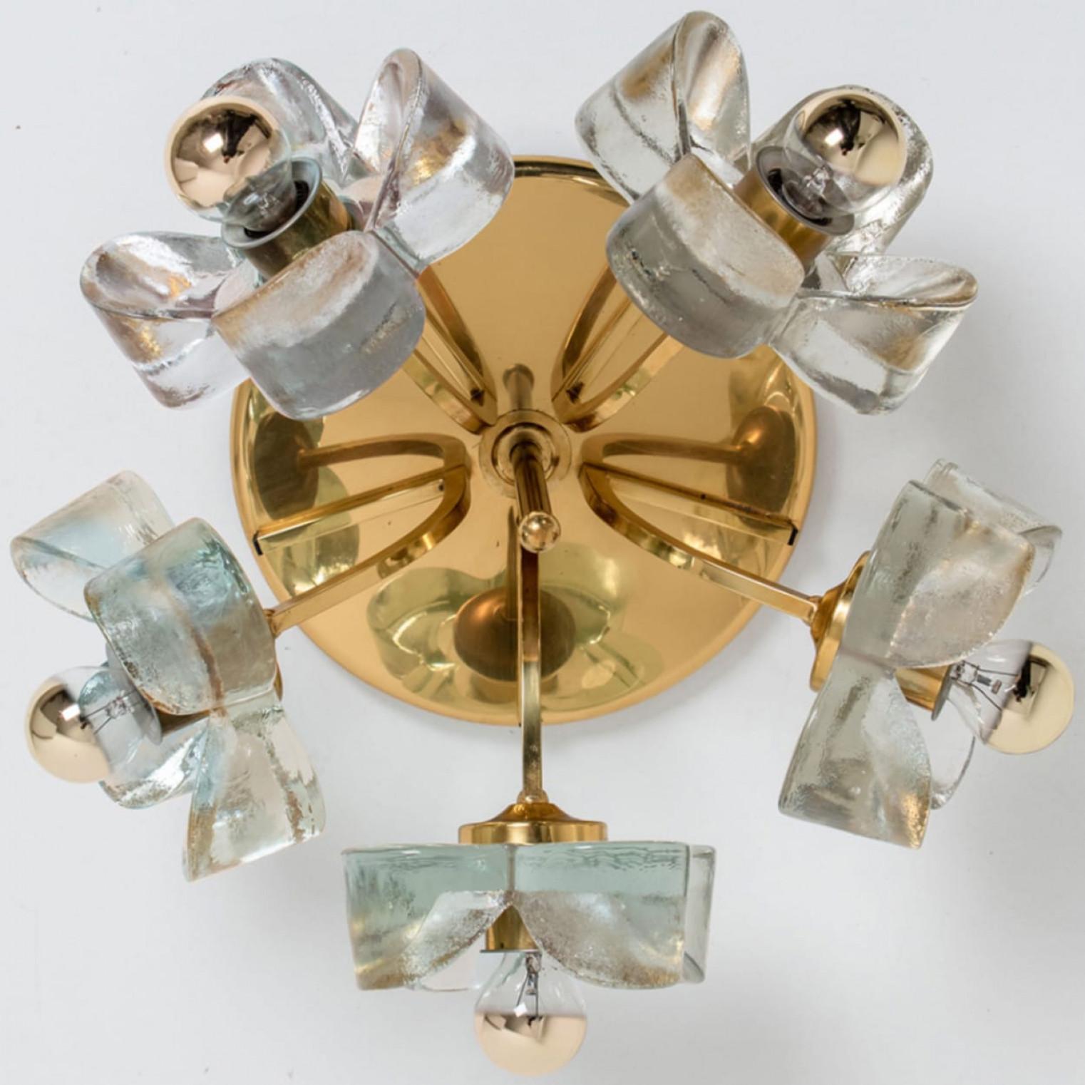 Mid-Century Modern Flower Flush Mount, Brass and Glass by Sische, 1970s For Sale