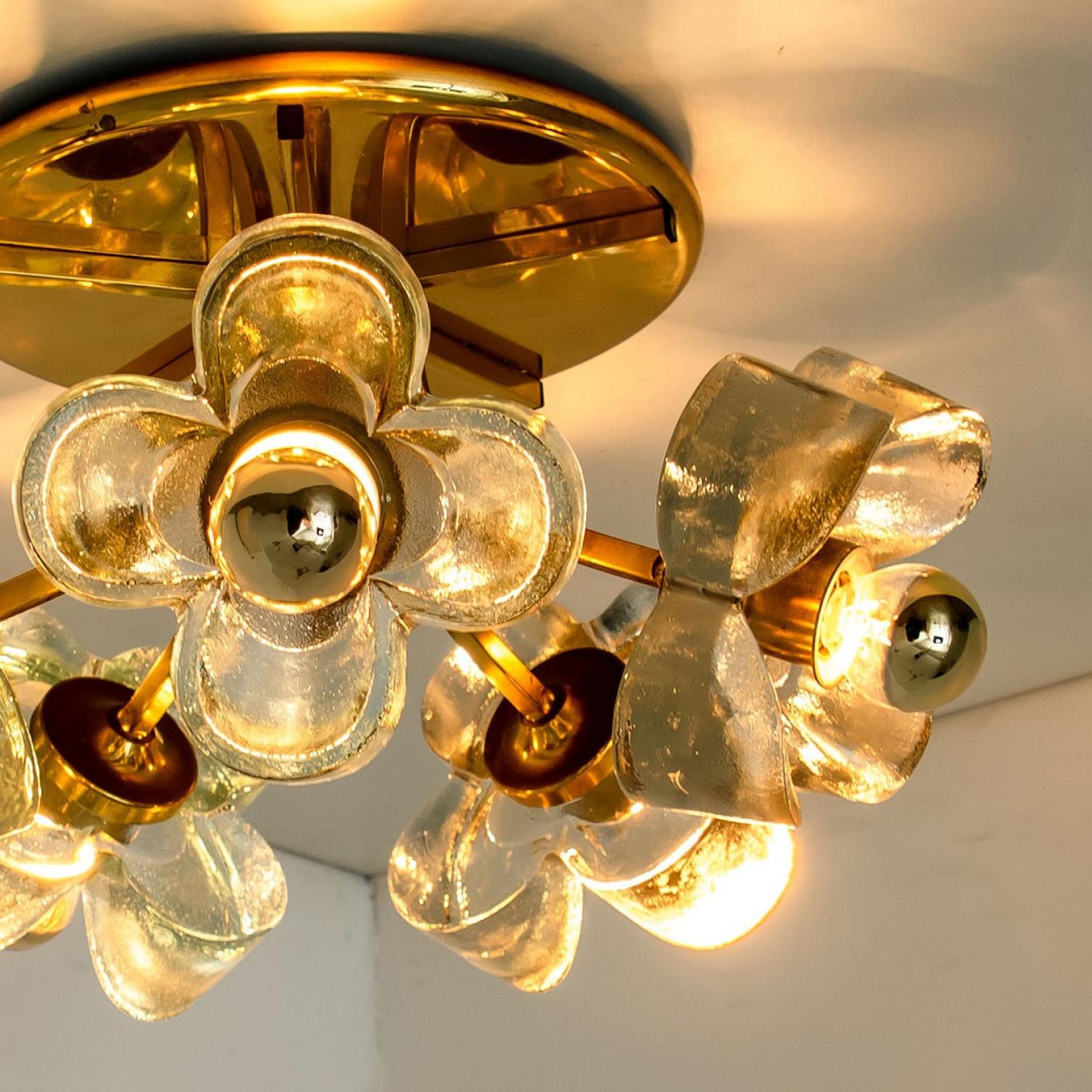 German Flower Flush Mount, Brass and Glass by Sische, 1970s For Sale