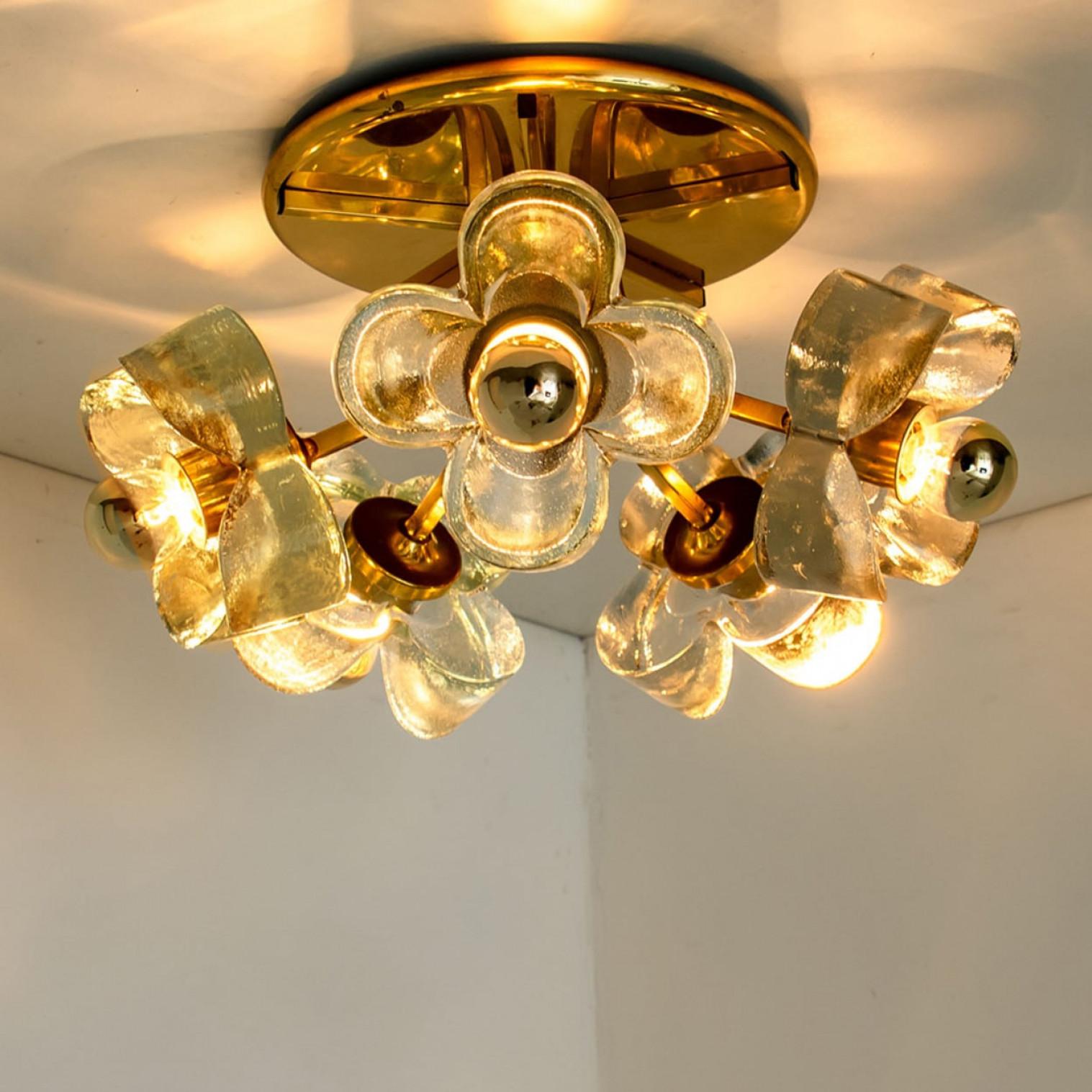 Late 20th Century Flower Flush Mount, Brass and Glass by Sische, 1970s For Sale
