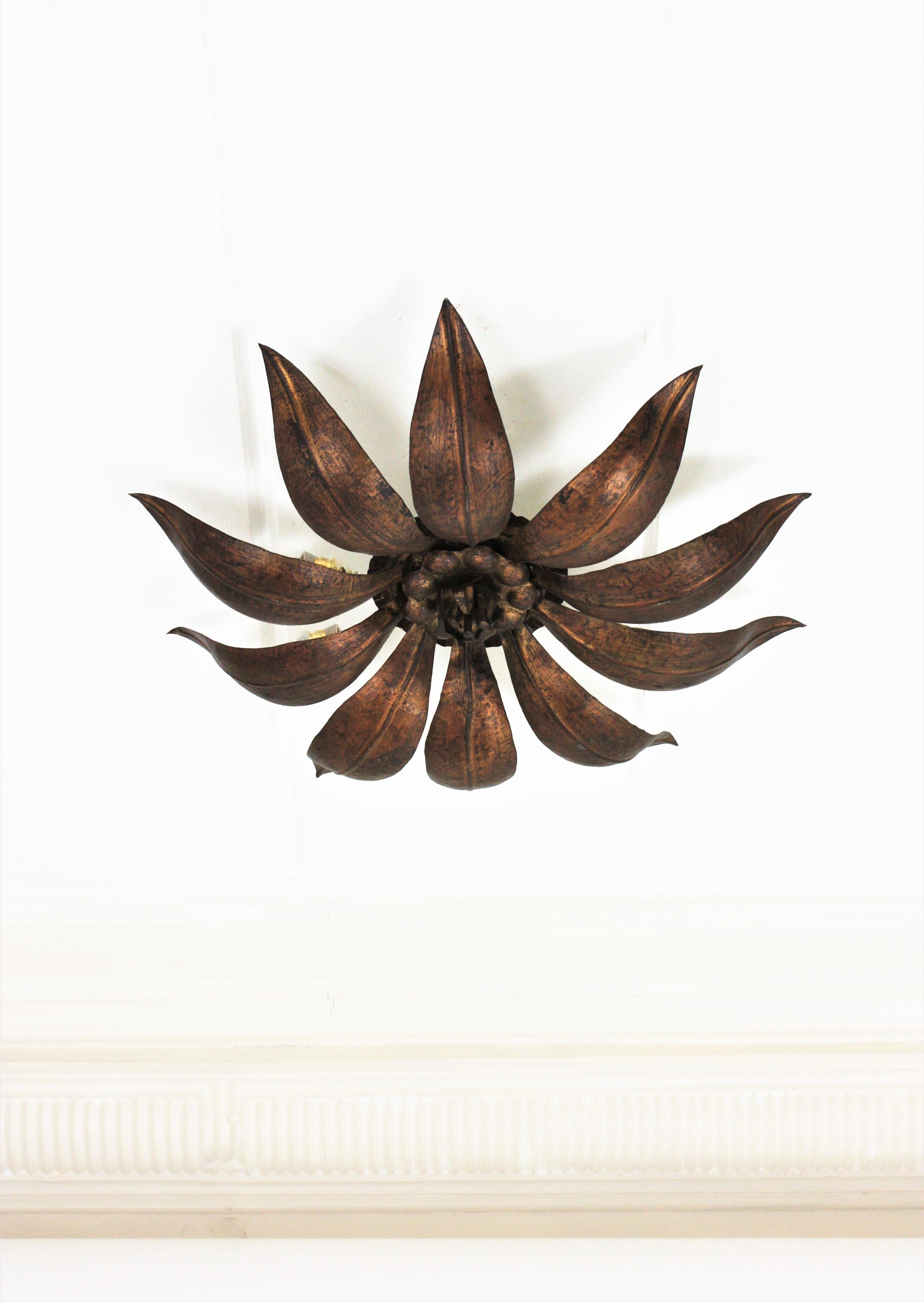 French Sunburst Flower Ceiling Light Fixture in Bronze Gilt Iron, 1940s For Sale 5