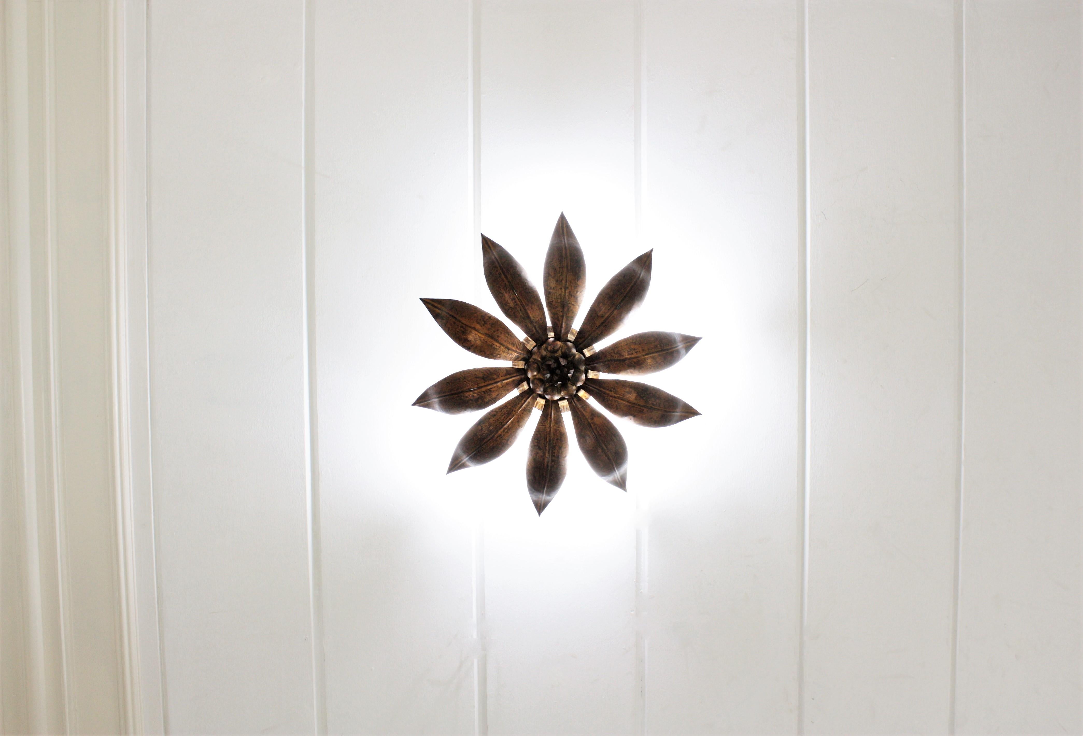 French Sunburst Flower Ceiling Light Fixture in Bronze Gilt Iron, 1940s 8