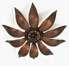 French Sunburst Flower Ceiling Light Fixture in Bronze Gilt Iron, 1940s