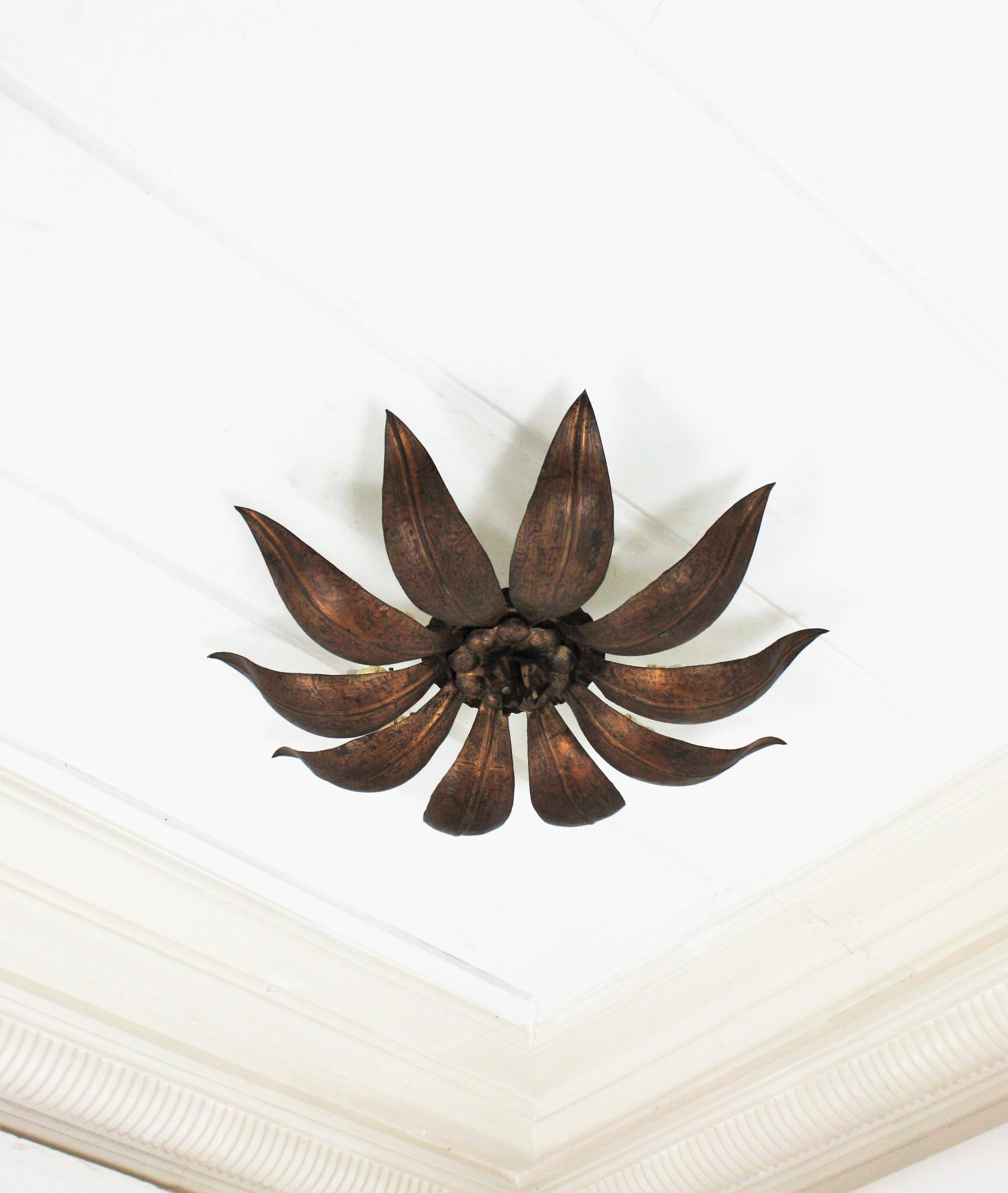 Mid-Century Modern French Sunburst Flower Ceiling Light Fixture in Bronze Gilt Iron, 1940s For Sale