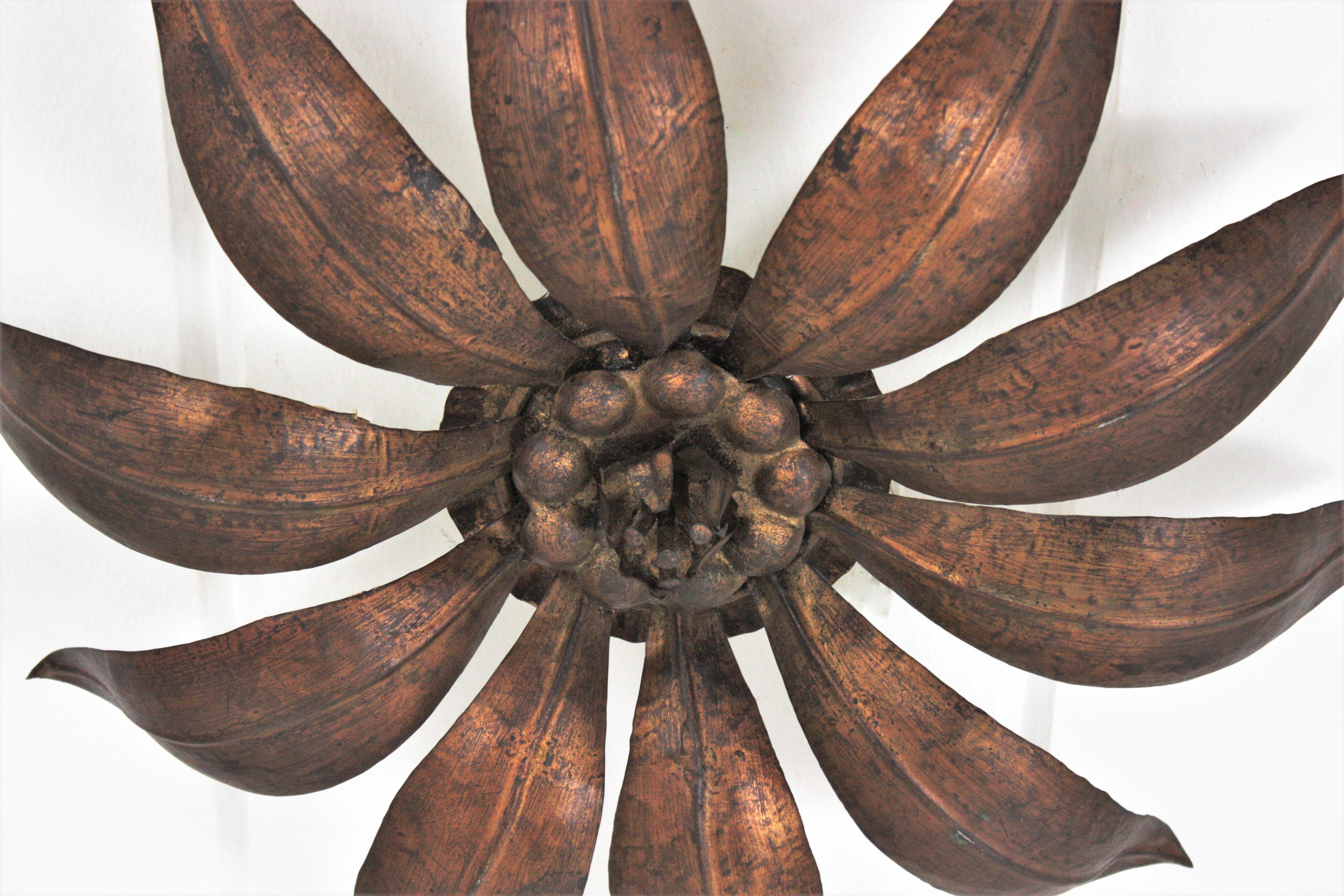 20th Century French Sunburst Flower Ceiling Light Fixture in Bronze Gilt Iron, 1940s For Sale