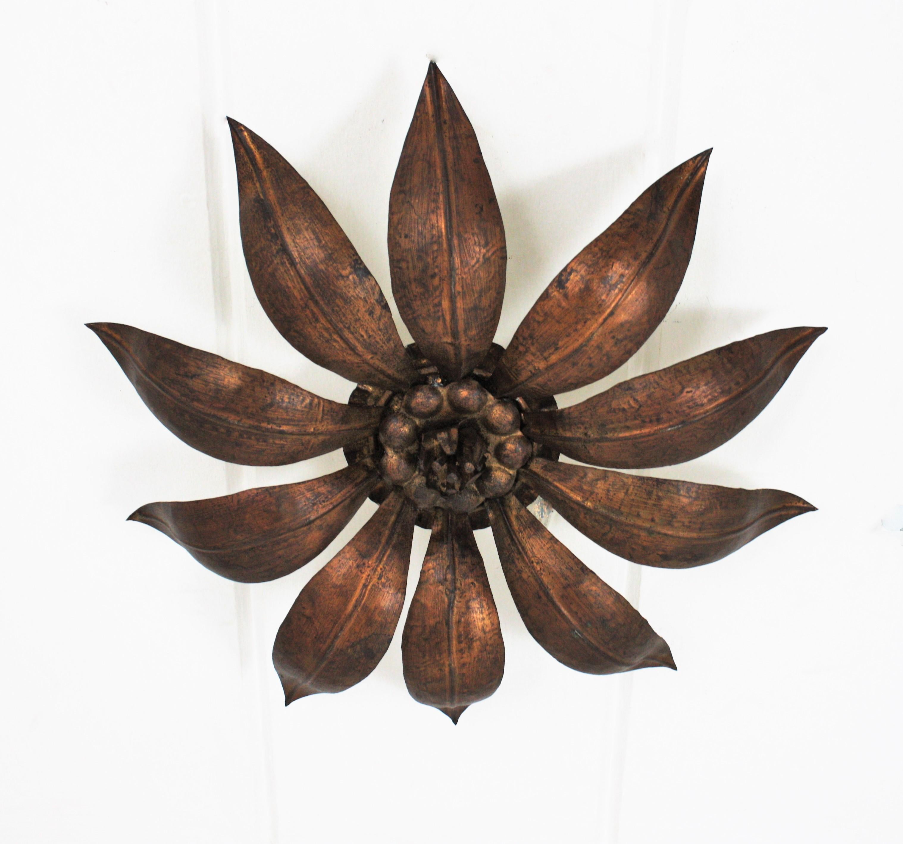 French Sunburst Flower Ceiling Light Fixture in Bronze Gilt Iron, 1940s For Sale 1