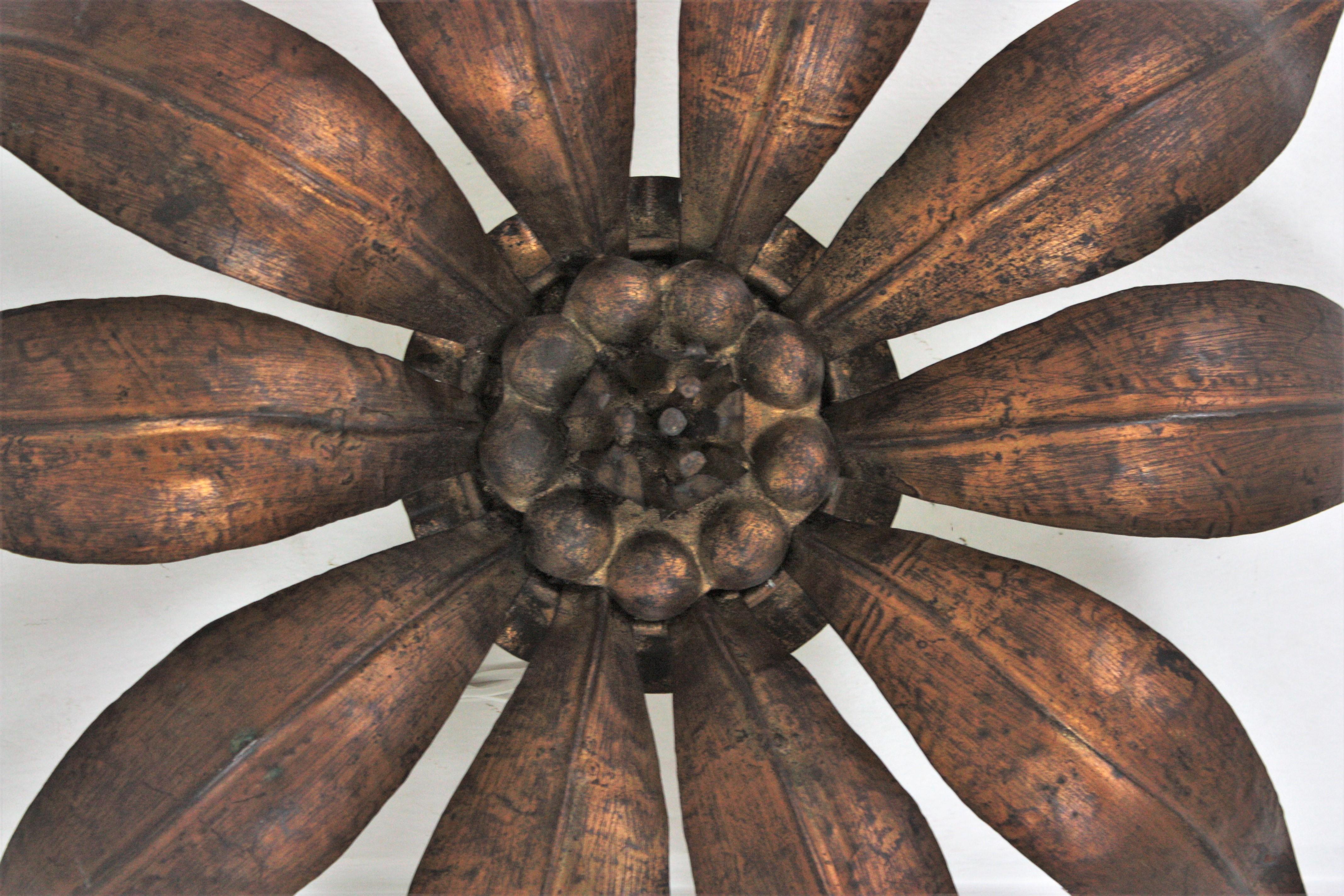 French Sunburst Flower Ceiling Light Fixture in Bronze Gilt Iron, 1940s For Sale 2