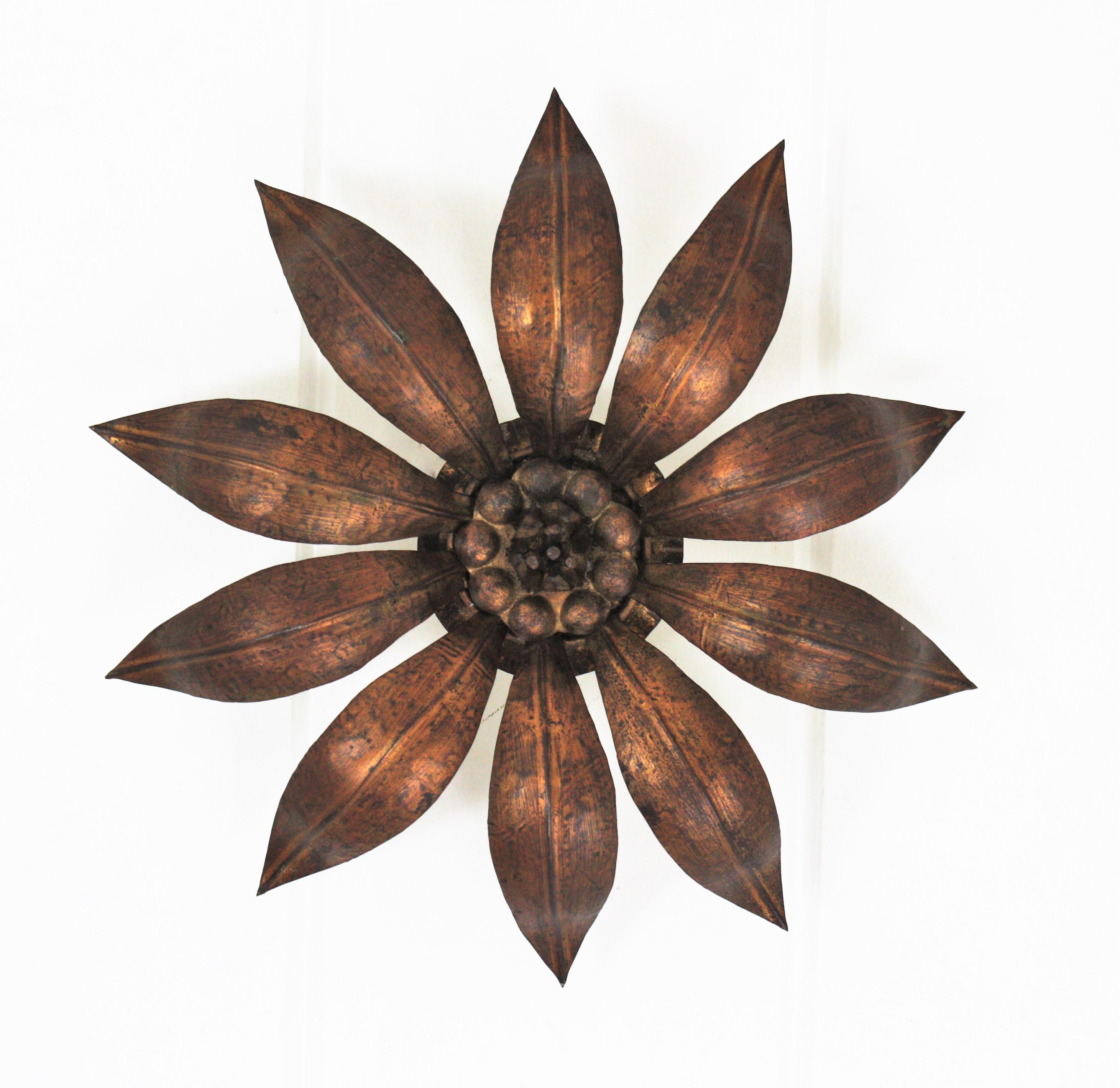 French Sunburst Flower Ceiling Light Fixture in Bronze Gilt Iron, 1940s 3