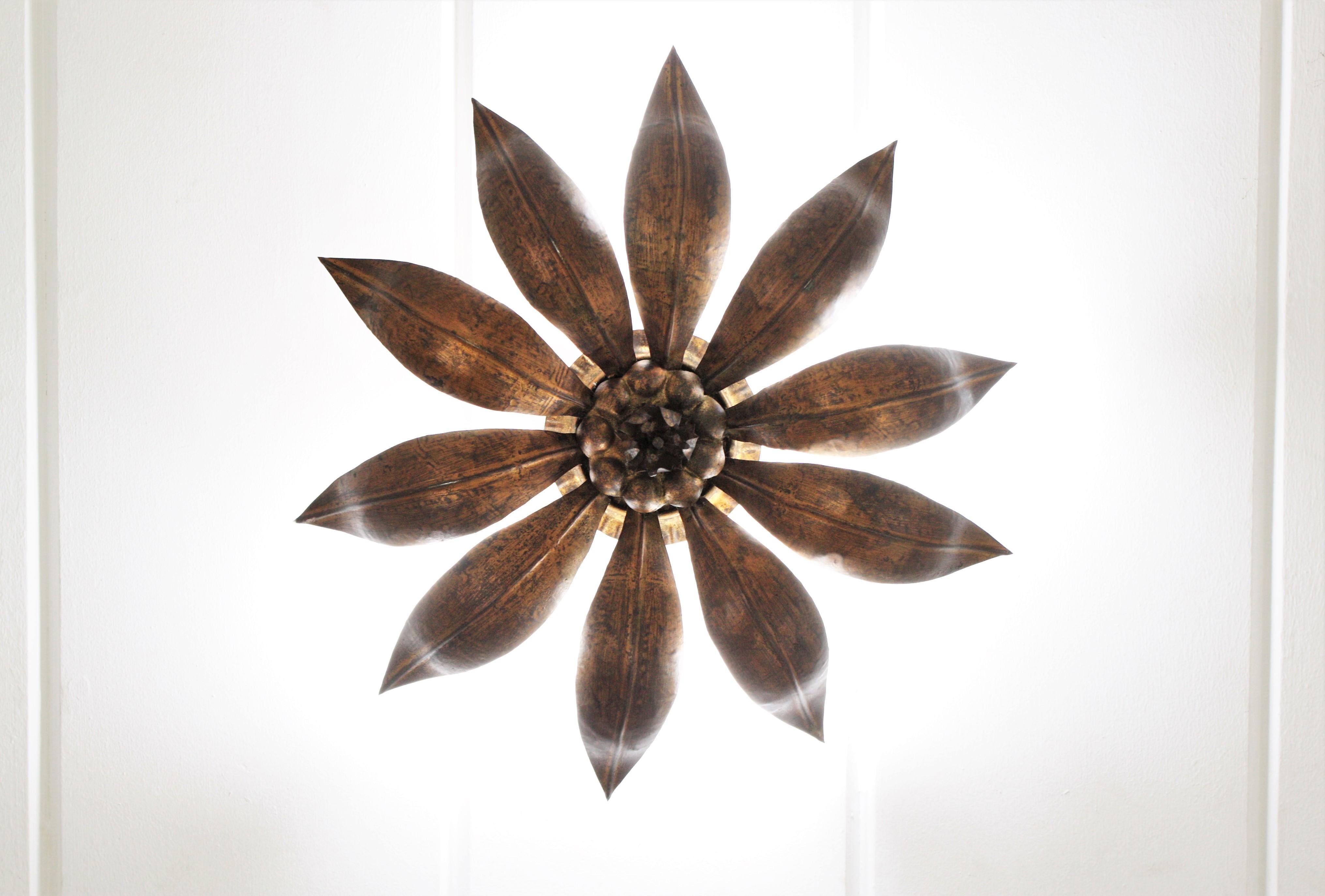 French Sunburst Flower Ceiling Light Fixture in Bronze Gilt Iron, 1940s For Sale 4