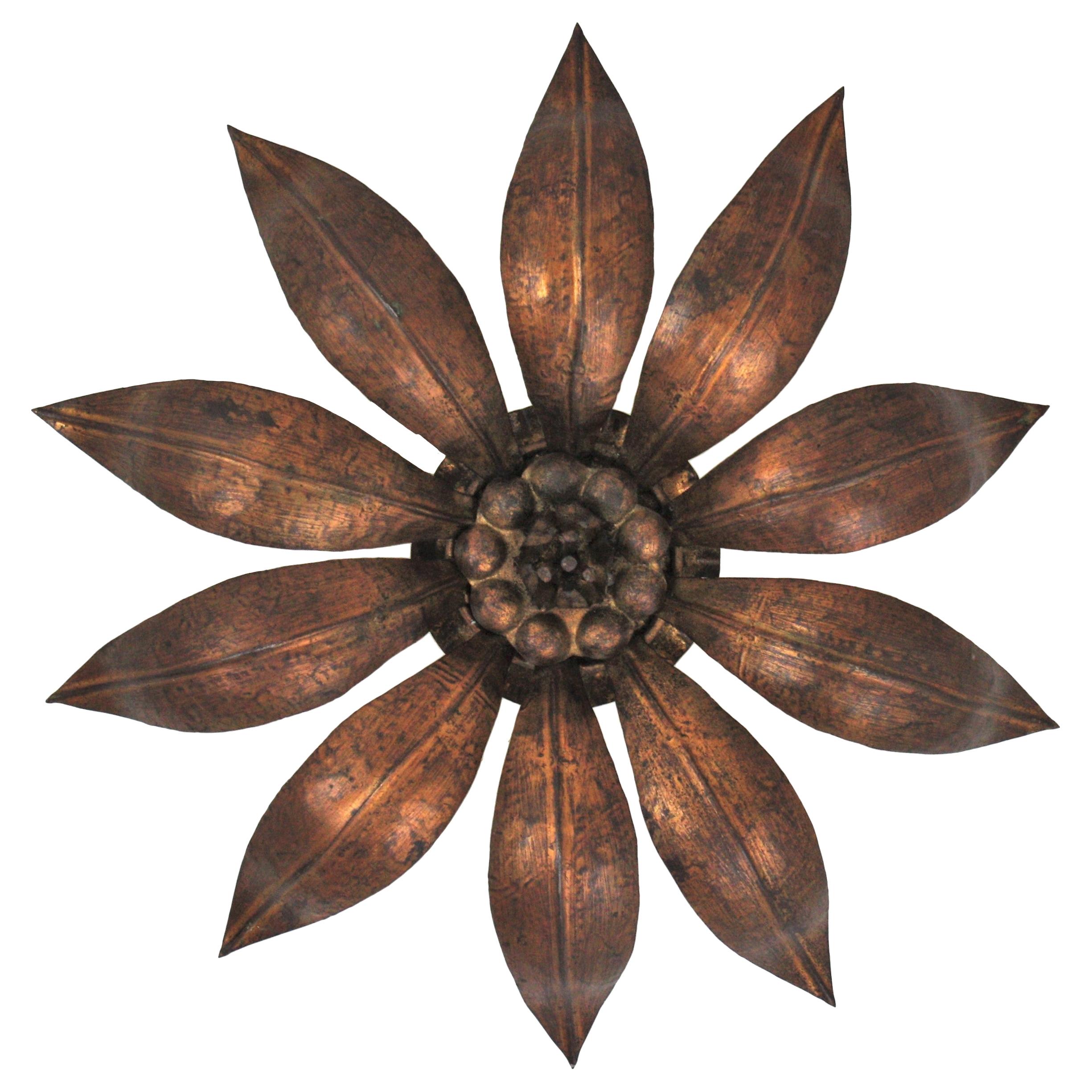 French Sunburst Flower Ceiling Light Fixture in Bronze Gilt Iron, 1940s
