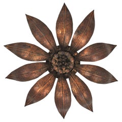 Retro French Sunburst Flower Ceiling Light Fixture in Bronze Gilt Iron, 1940s