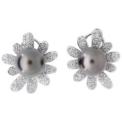 Flower Form 13mm Tahitian Pearl & 3.84ctw Diamond Ear Clips in 18K White Gold