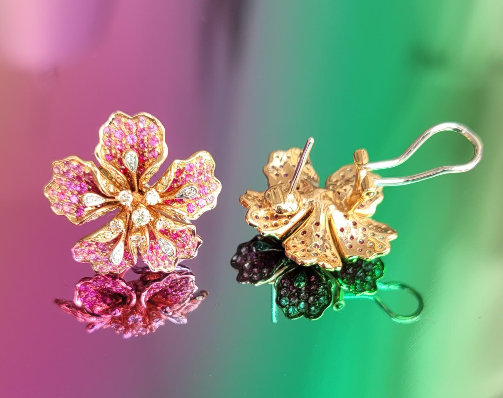 Flower Garden Collection, 18k Earring with Rubies & Pink Sapphires & Diamonds For Sale 3