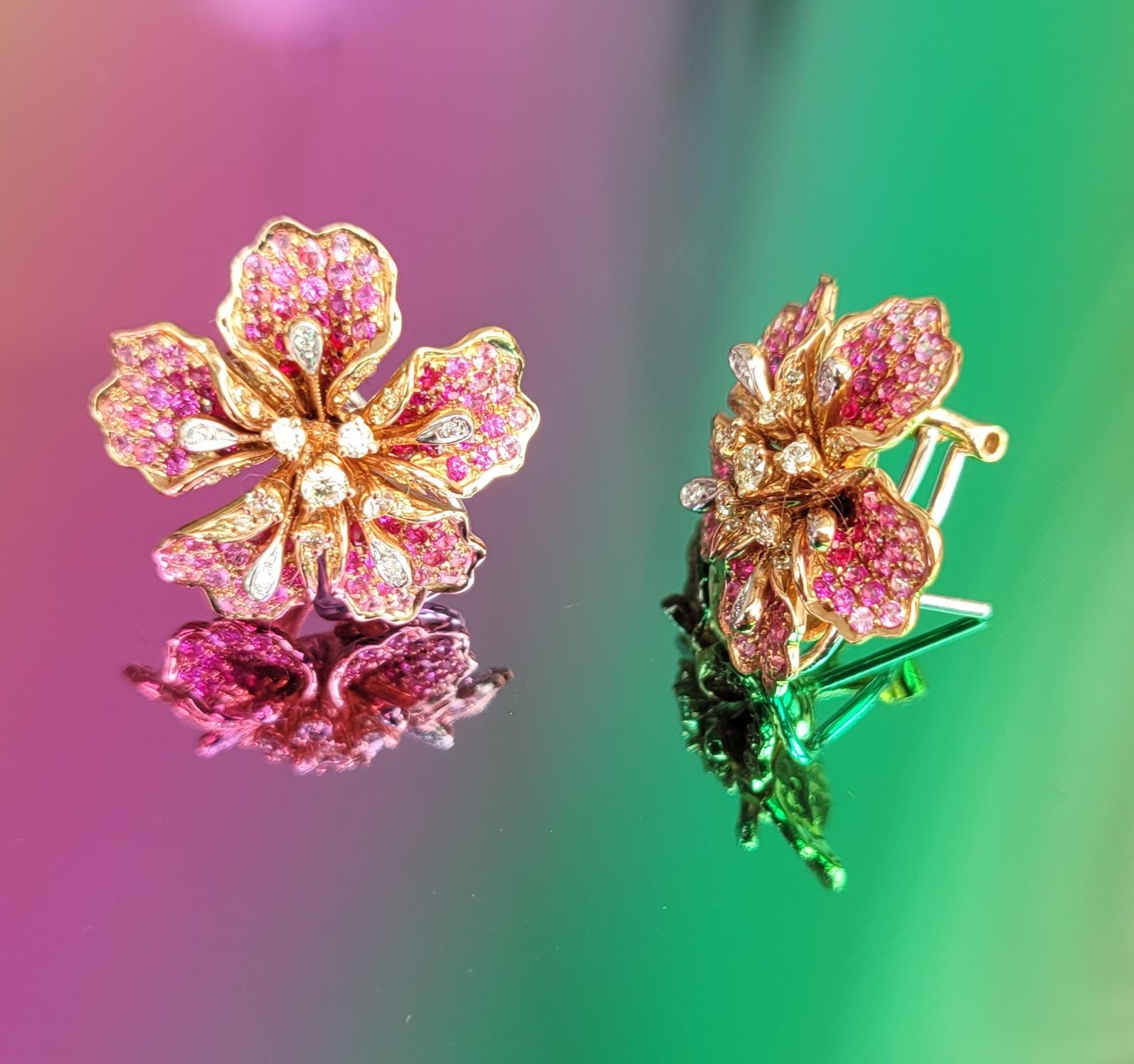 Flower Garden Collection, 18k Earring with Rubies & Pink Sapphires & Diamonds For Sale 4