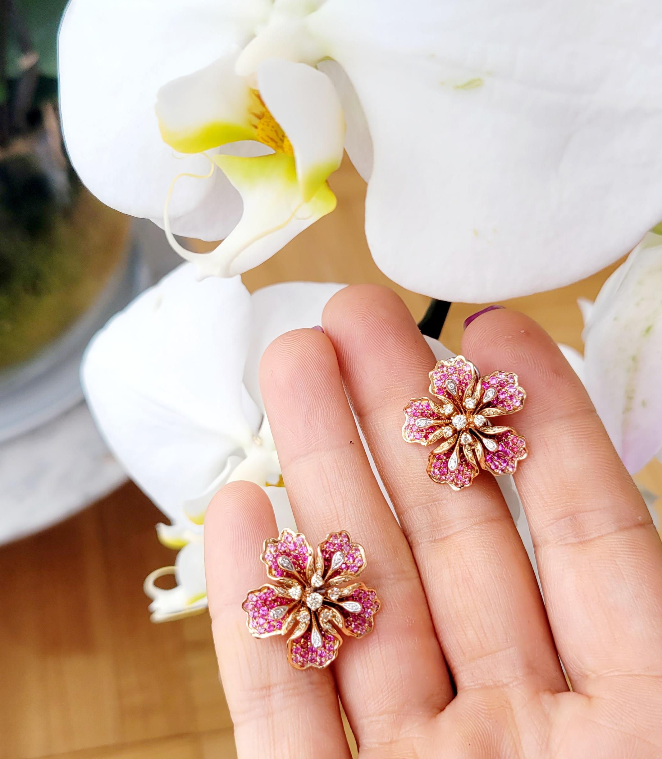 Flower Garden Collection, 18k Earring with Rubies & Pink Sapphires & Diamonds For Sale 5
