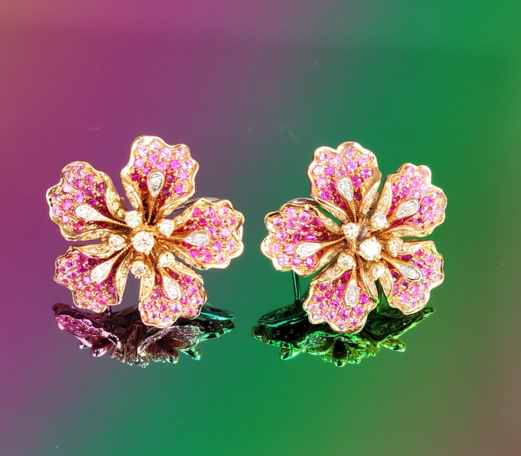 Flower Garden Collection, 18k Earring with Rubies & Pink Sapphires & Diamonds For Sale 1
