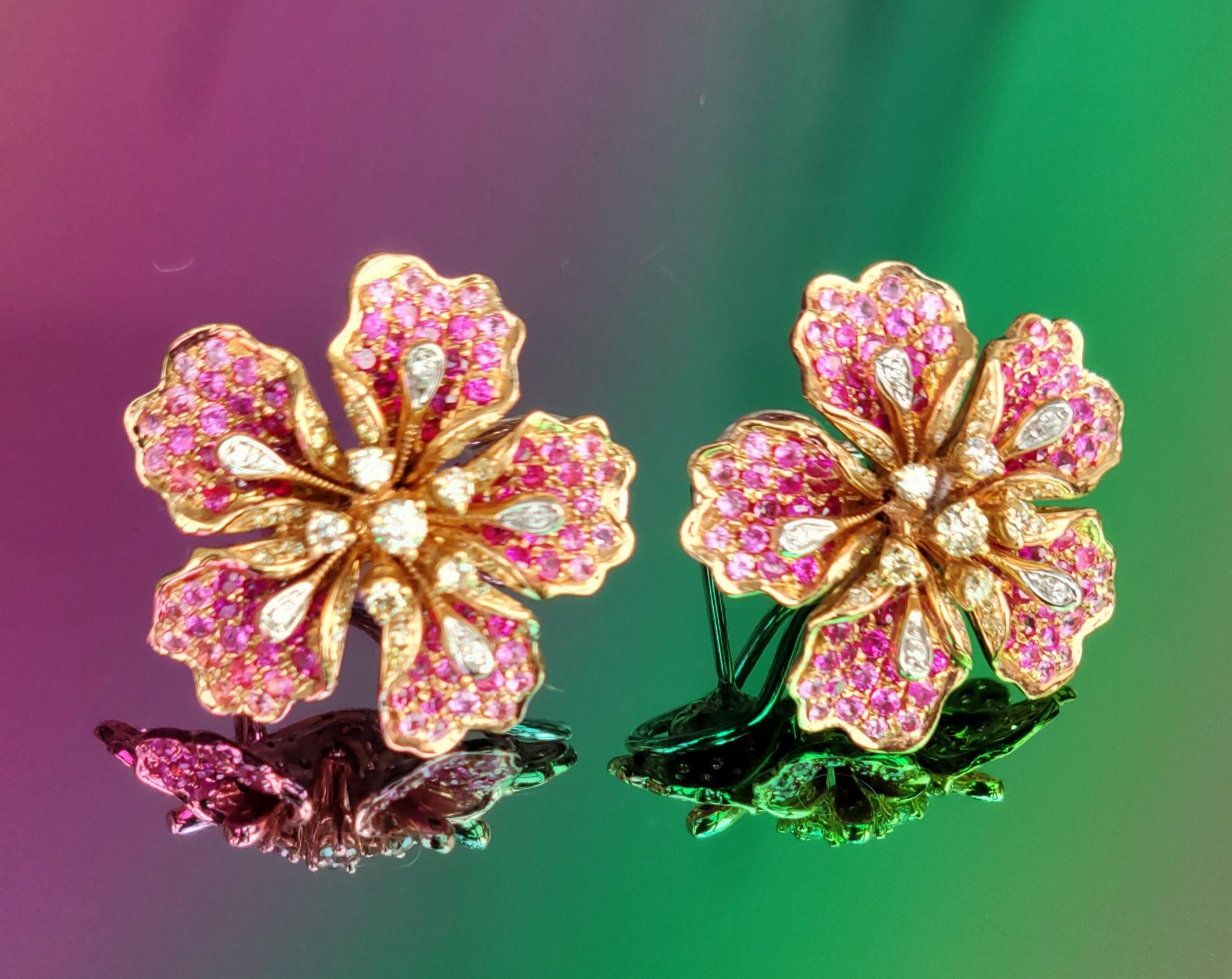 Flower Garden Collection, 18k Earring with Rubies & Pink Sapphires & Diamonds For Sale 2