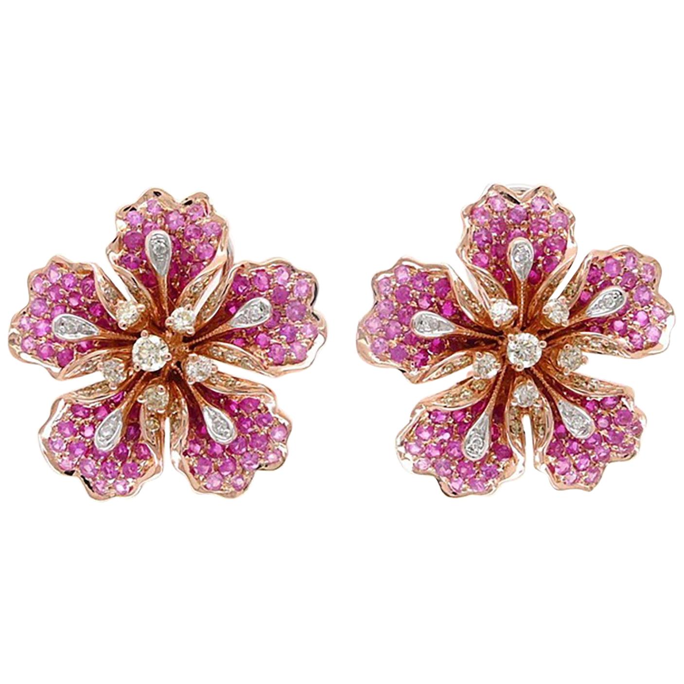 Flower Garden Collection, 18k Earring with Rubies & Pink Sapphires & Diamonds For Sale