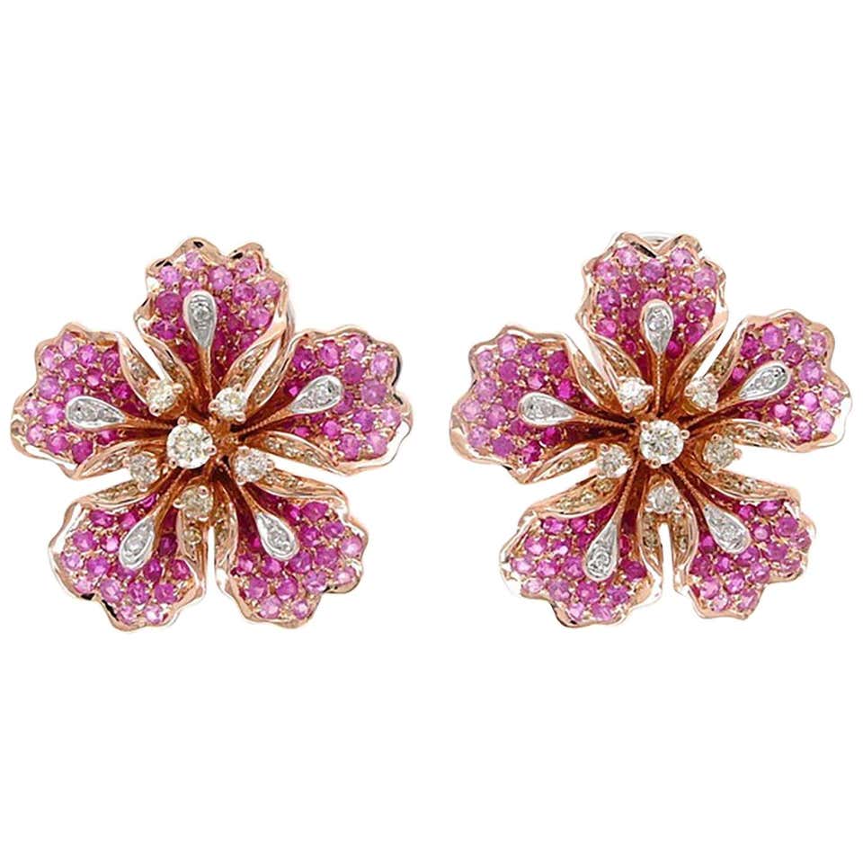 18K Rose Gold Calla Lily Burma Ruby Pink Sapphire Colored Diamond Drop ...