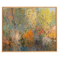 Flower Garden Oil on Hardboard, Expressionist Colorful Framed Spring