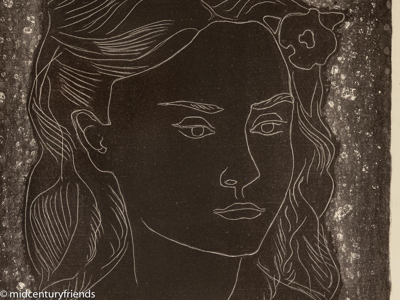 Mid-20th Century Flower Girl by Fritz Kronenberg White Outline on Black Paper 1950s Lithograph For Sale