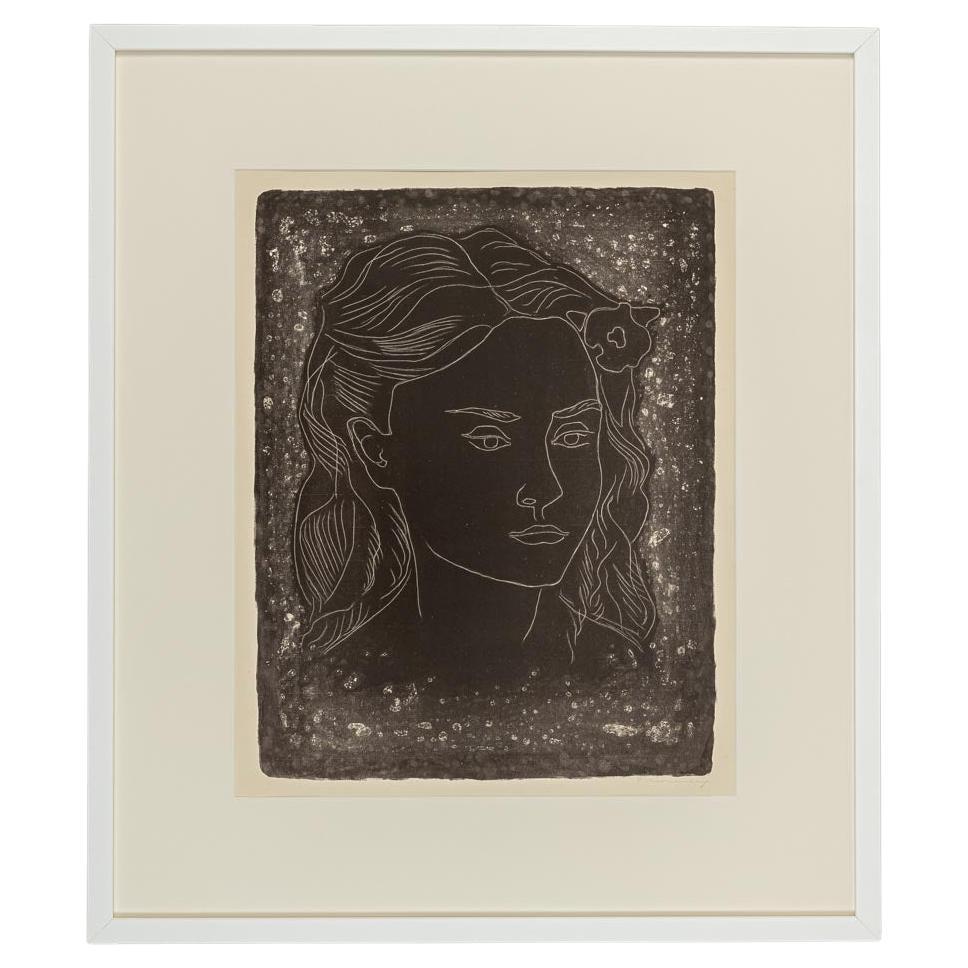 Flower Girl by Fritz Kronenberg White Outline on Black Paper 1950s Lithograph For Sale