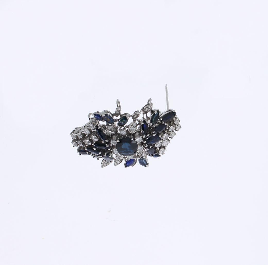Brilliant Cut Flower Gold Brooch with Sapphires and Diamonds For Sale
