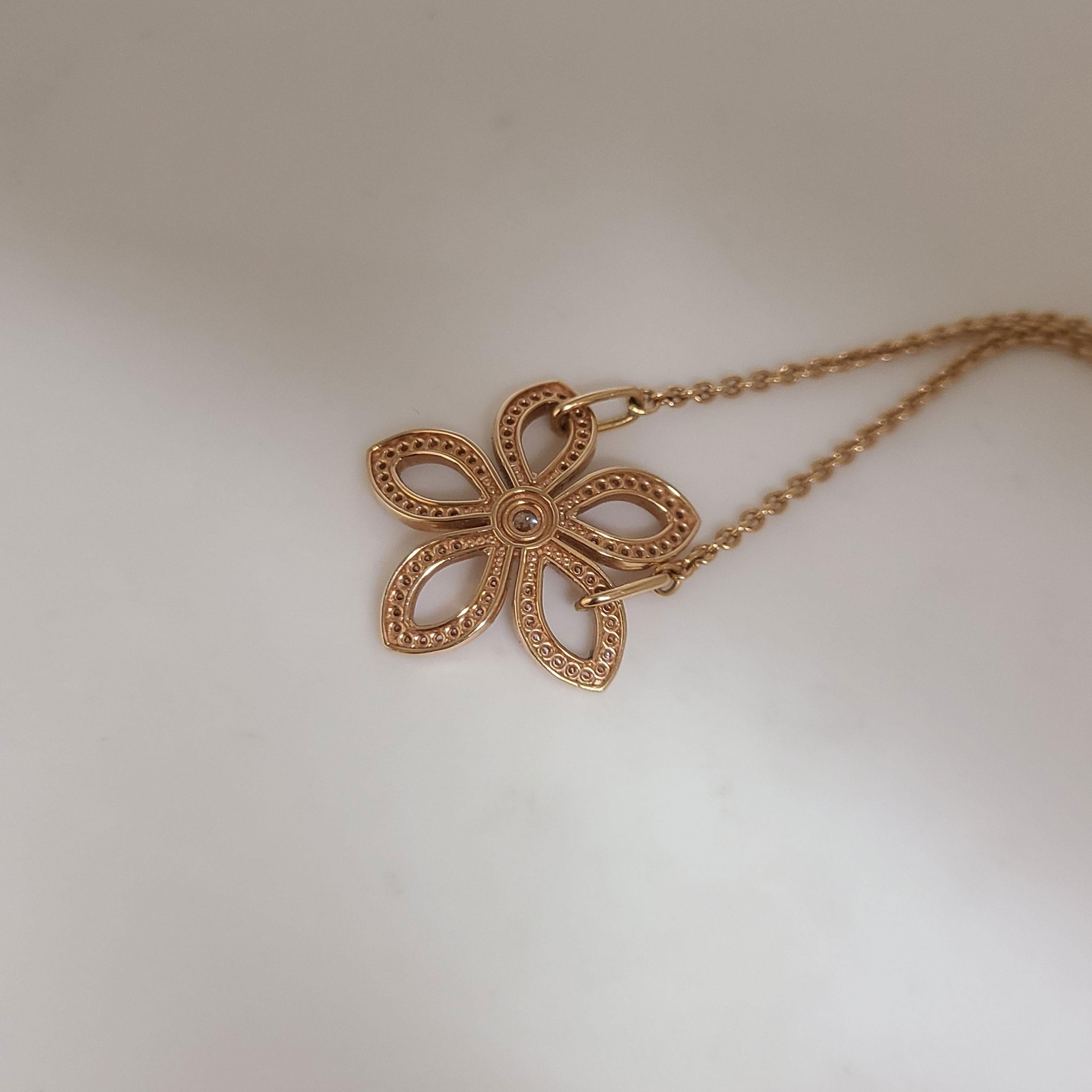 Artisan Flower Gold and Diamond Pendant Necklace For Sale