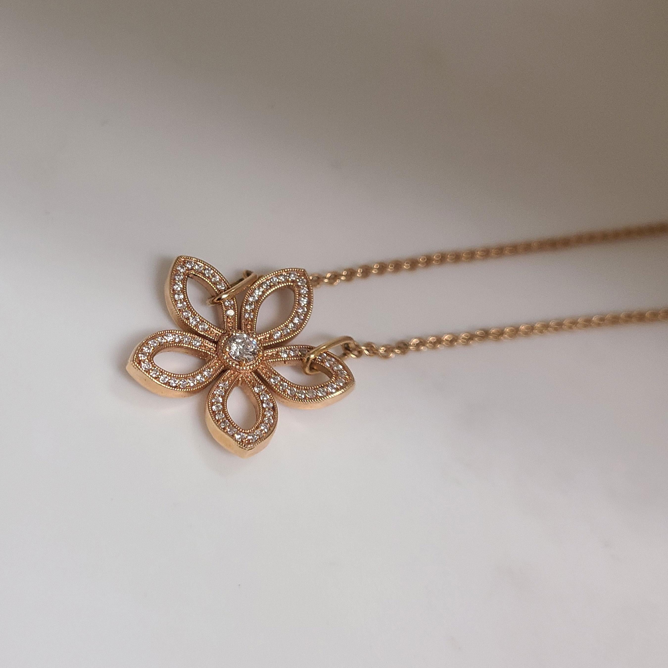 Brilliant Cut Flower Gold and Diamond Pendant Necklace For Sale