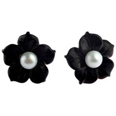 Flower Gold Plate Black Agate Freshwater Pearl Stud Handmade Italian Earrings