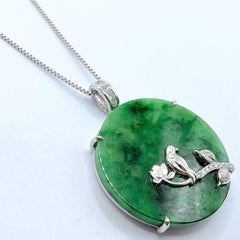 Flower-Green Jadeite Jade Disc Pendant with Diamonds & Bird Accent in 14K Gold