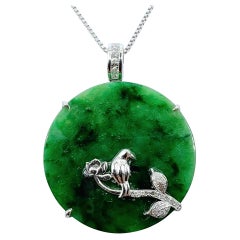 Flower-Green Jadeite Jade Disc Pendant with Diamonds & Bird Accent in 14K Gold