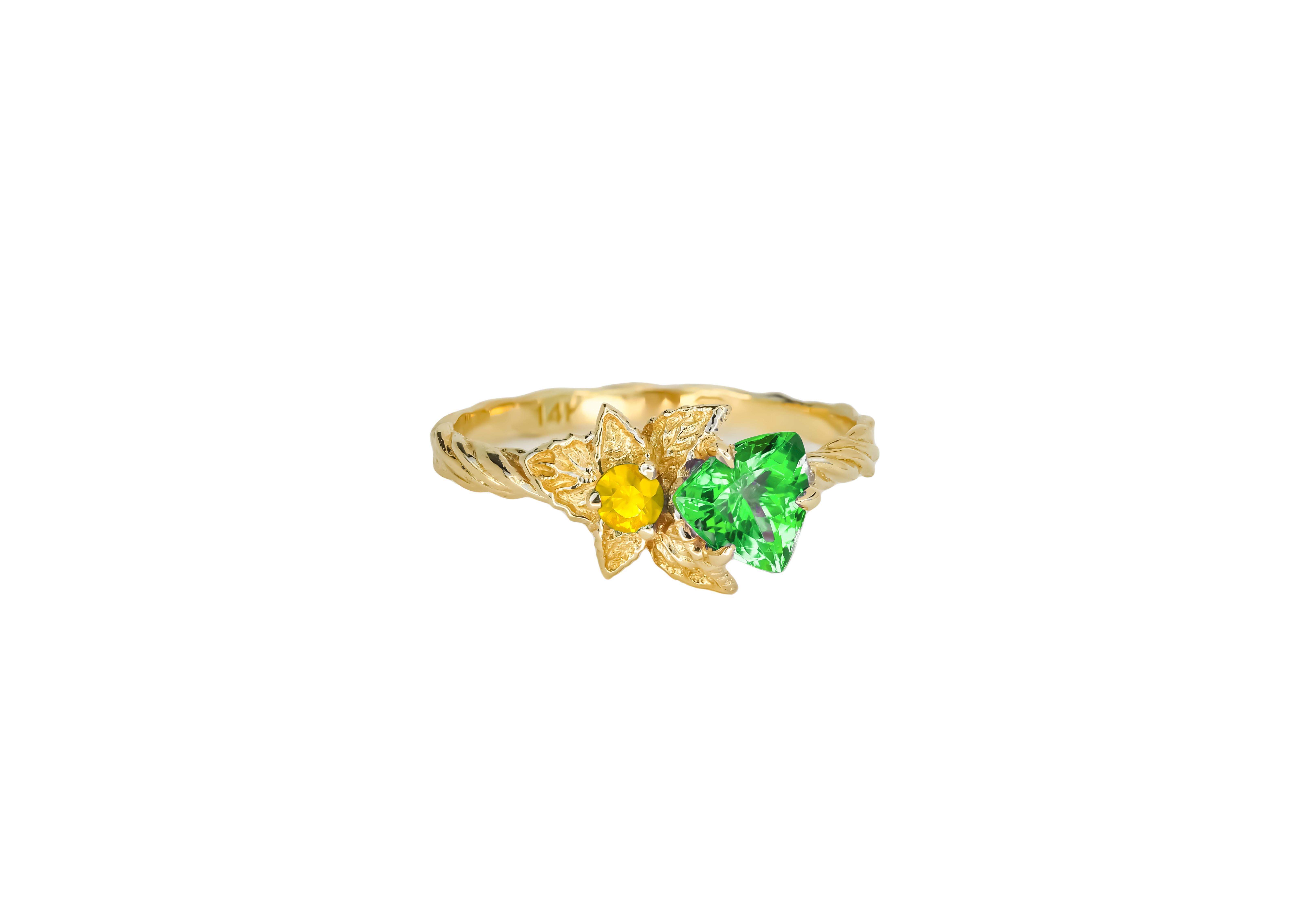 For Sale:  Flower green, yellow gemstone 14k gold ring 3
