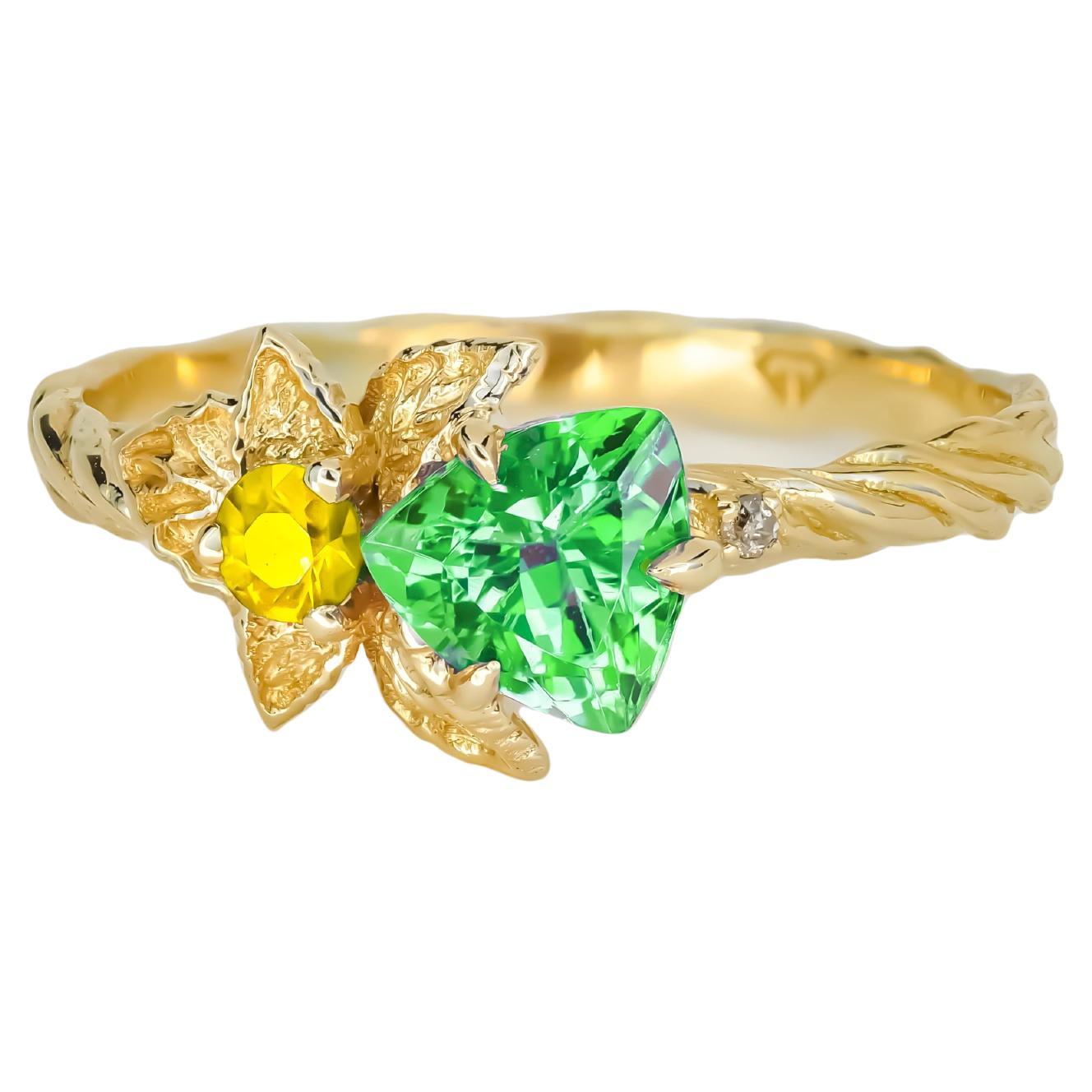 Flower green, yellow gemstone 14k gold ring