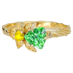 Blume grün, gelber Edelstein 14k Gold Ring