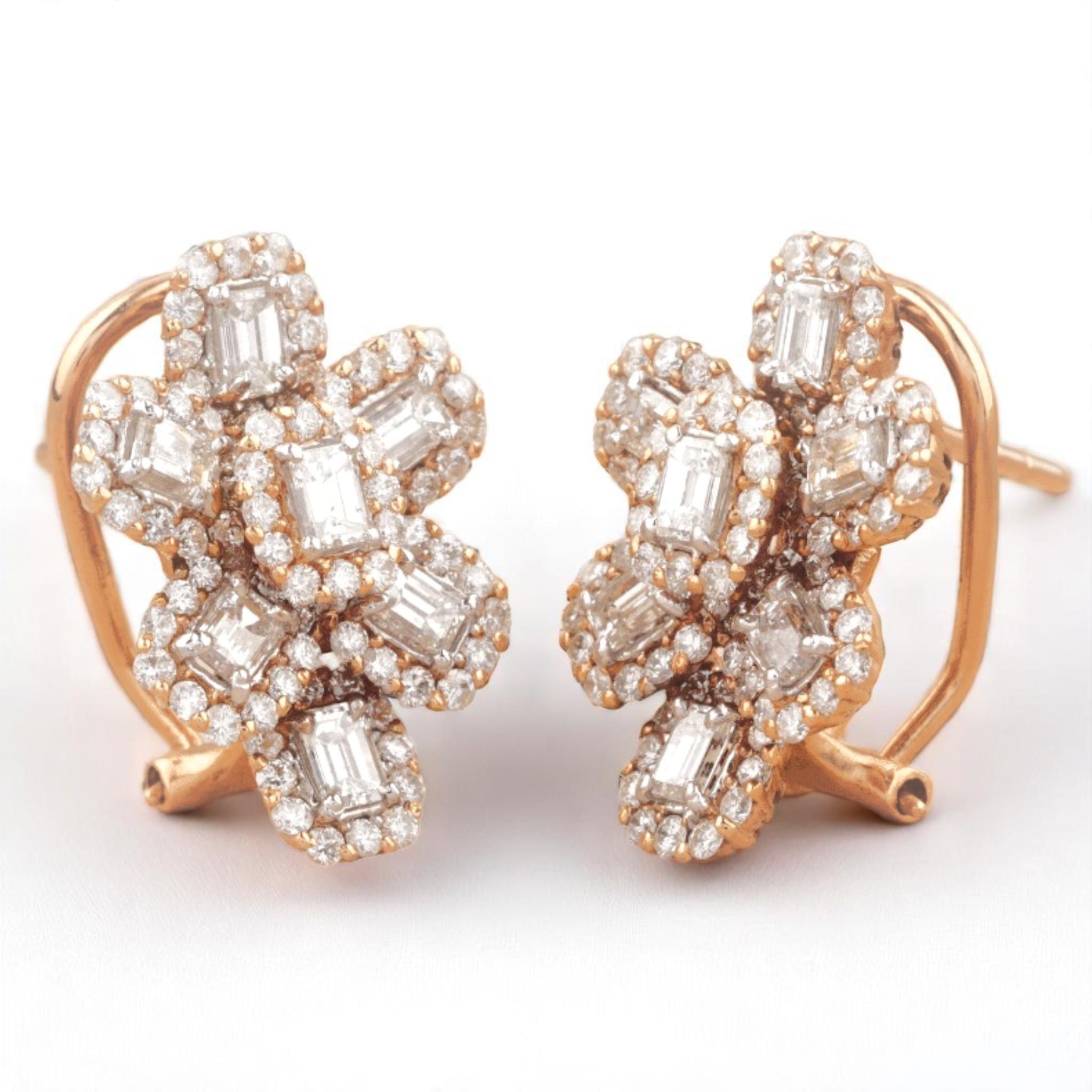 Taglio smeraldo Orecchini a fiore con diamante a raggiera in oro massiccio 14K (certificati) in vendita