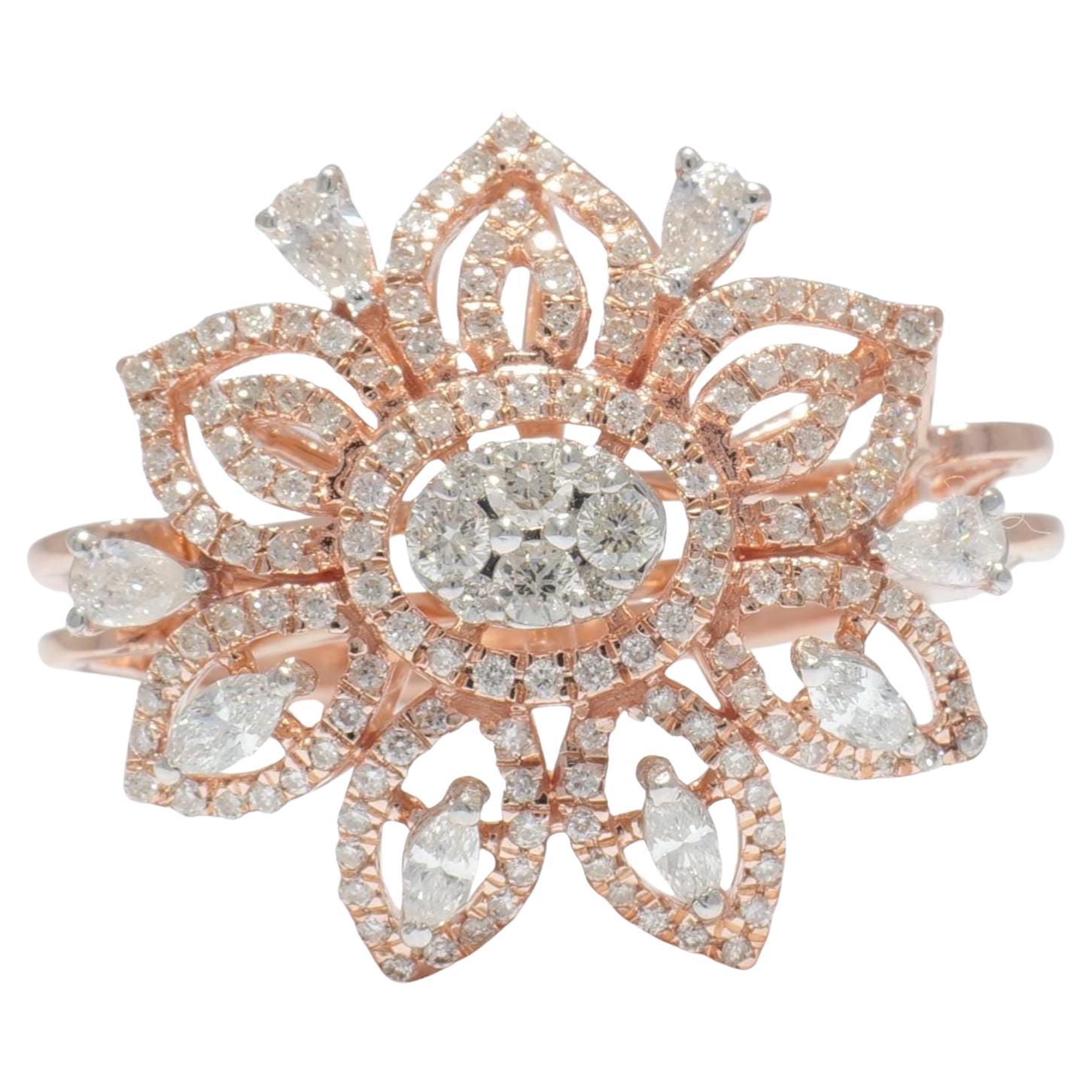 Flower Halo Natural Diamond Ring in 14K Solid Gold (Certified) For Sale