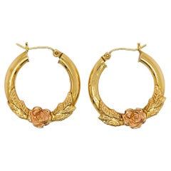 Flower Hoop Earrings, 14K Yellow Gold with a Rose in Rose Gold, 1 inch by 4 mm