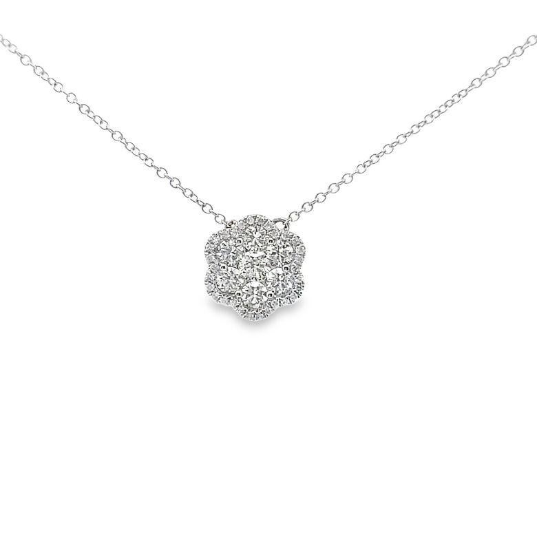 Brilliant Cut Flower Illusion Set Diamond Necklace 0.71ct 14K White Gold  For Sale