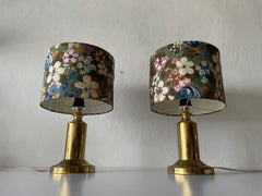 Flower Illustrated Fabric Shade & Brass Pair of Table Lamps, 1970s, Germany