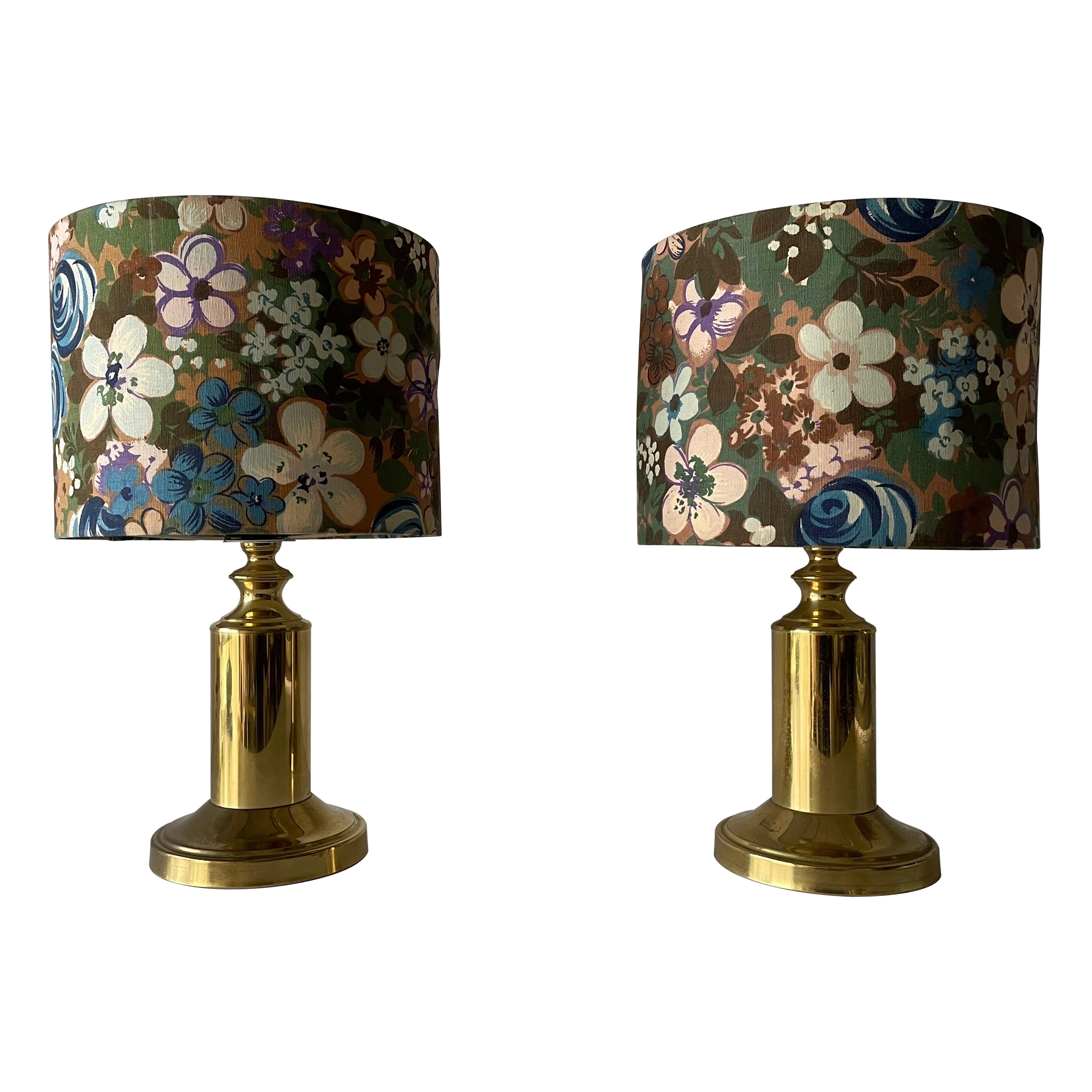 Flower Illustrated Fabric Shade & Brass Pair of Table Lamps, 1970s, Germany For Sale