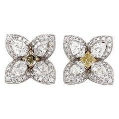 Flower Inspired Square Cut Fancy Yellow Diamond 1.35 Carat Platinum Earrings