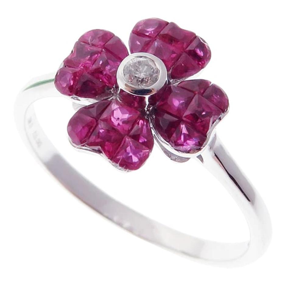 Modern Flower Invisible Ruby Earring Ring Set For Sale