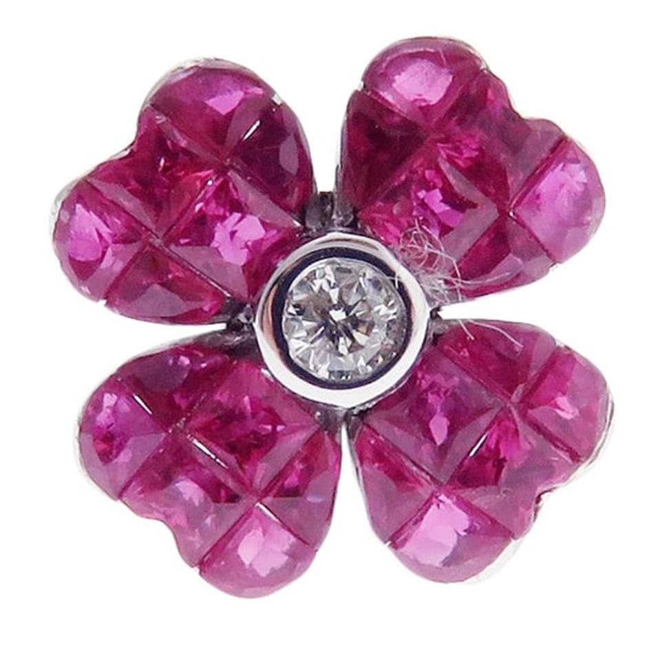 Flower Invisible Ruby Earring Ring Set In New Condition For Sale In Los Angeles, CA