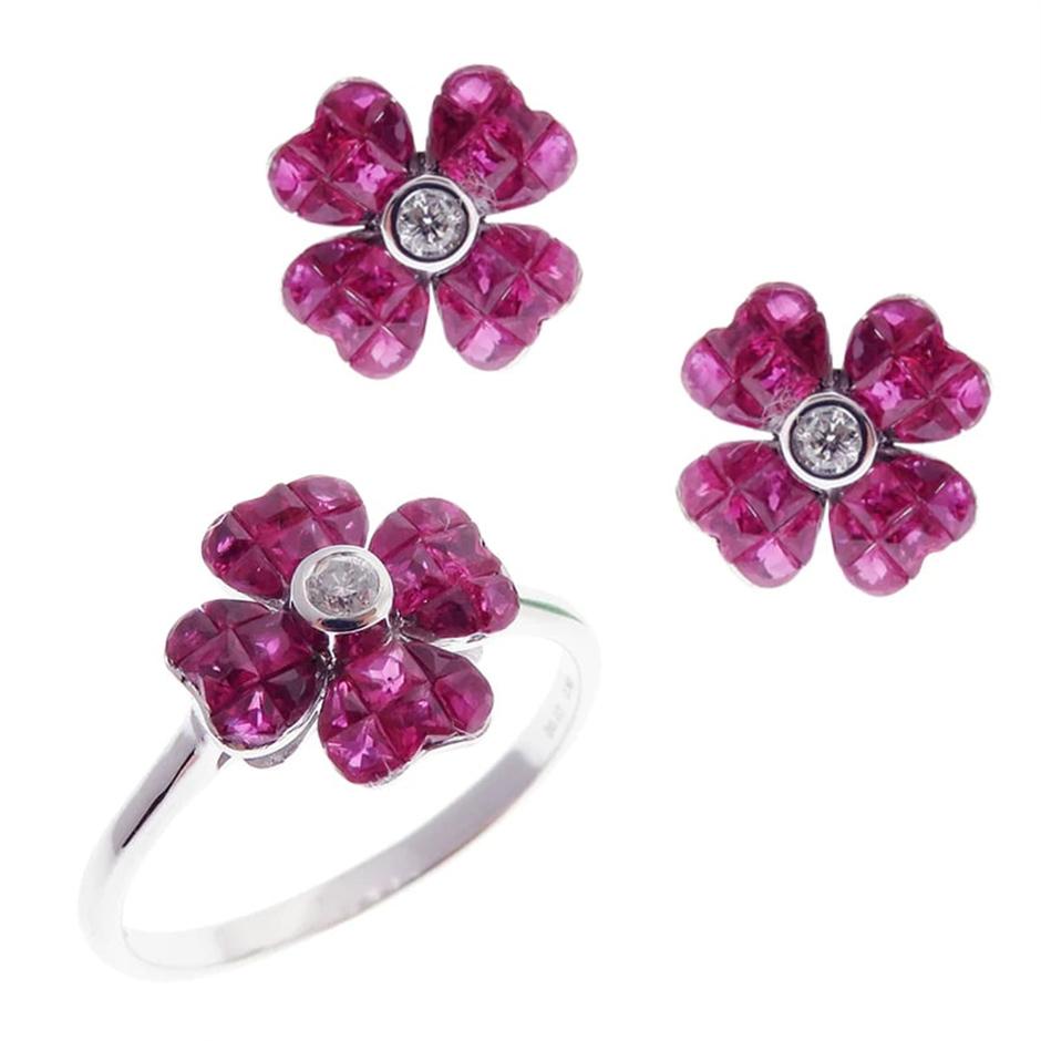 Women's Flower Invisible Ruby Earring Ring Set For Sale