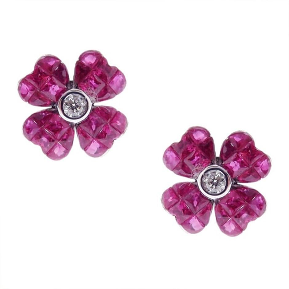 Flower Invisible Ruby Earring Ring Set For Sale 1