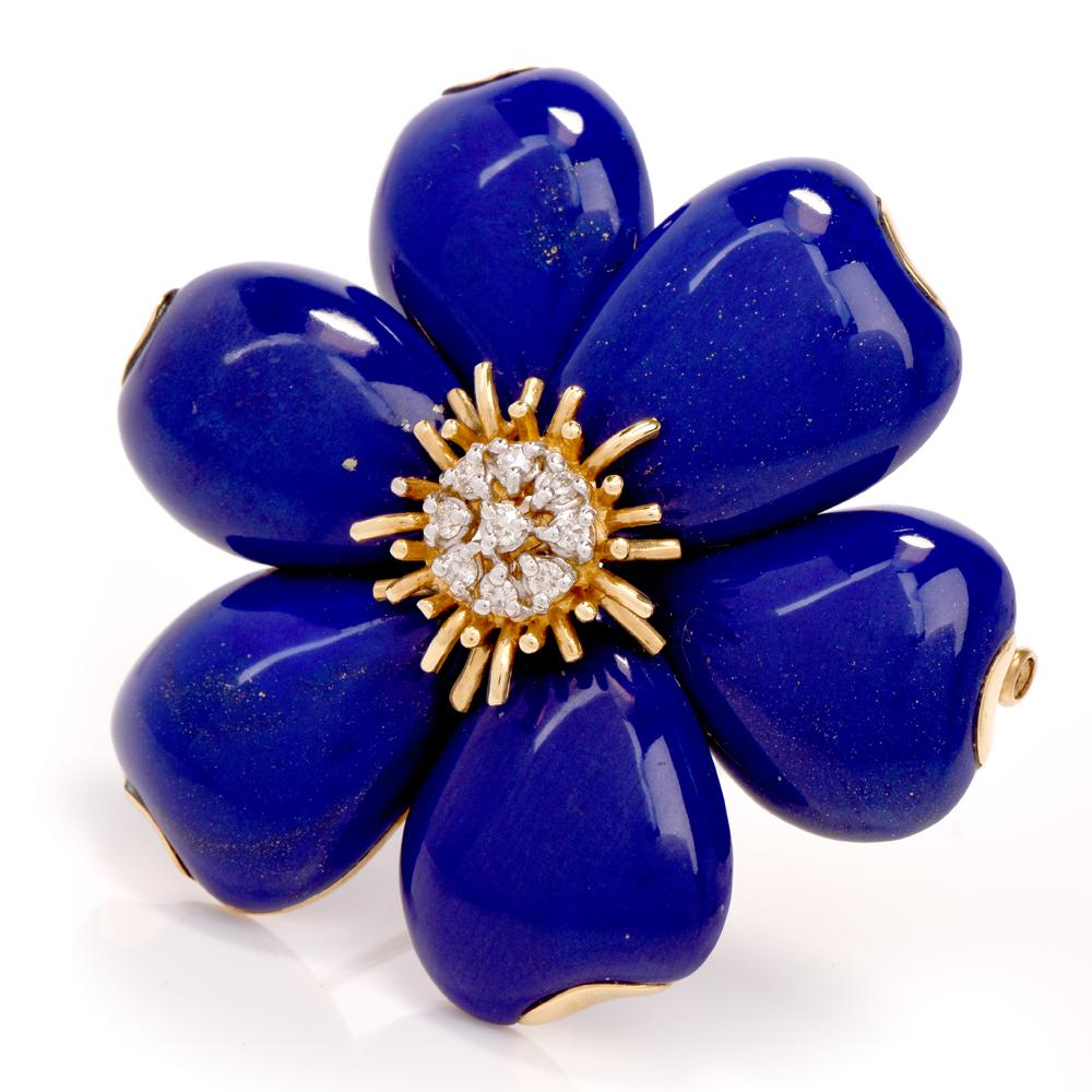 Flower Lapis Lazuli Diamond 18 Karat Yellow Gold Pin Brooch In Excellent Condition In Miami, FL